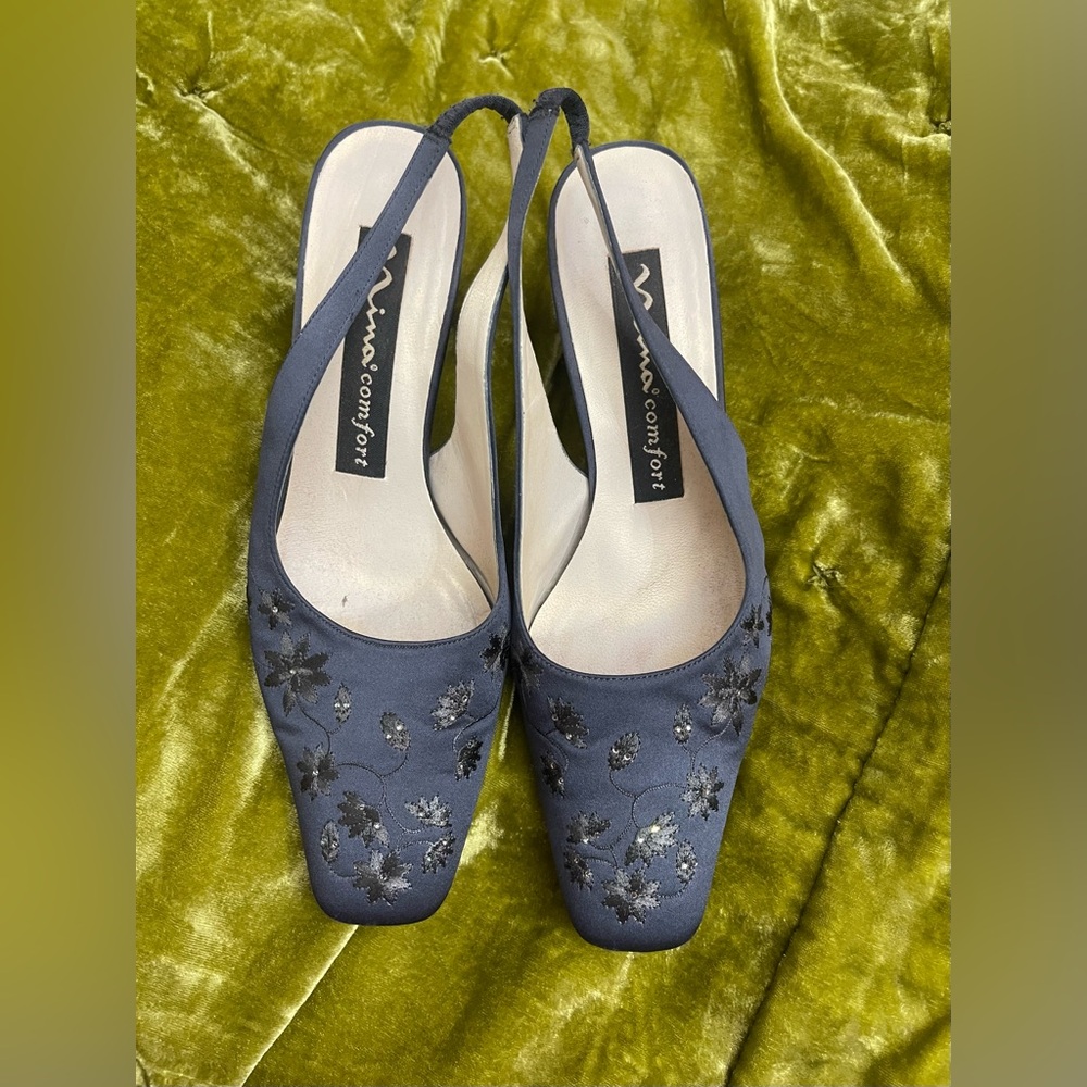 Vintage goth Nina floral sequin blue gray romantic goth open back shoes heels